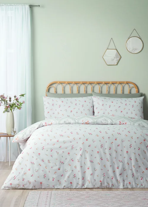 Catherine Lansfield Cameo Floral Reversible Duvet Cover Set Soft Green - Single Image 2