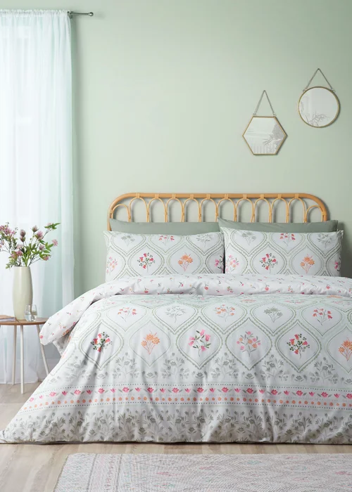 Catherine Lansfield Cameo Floral Reversible Duvet Cover Set Soft Green - Single Image 1
