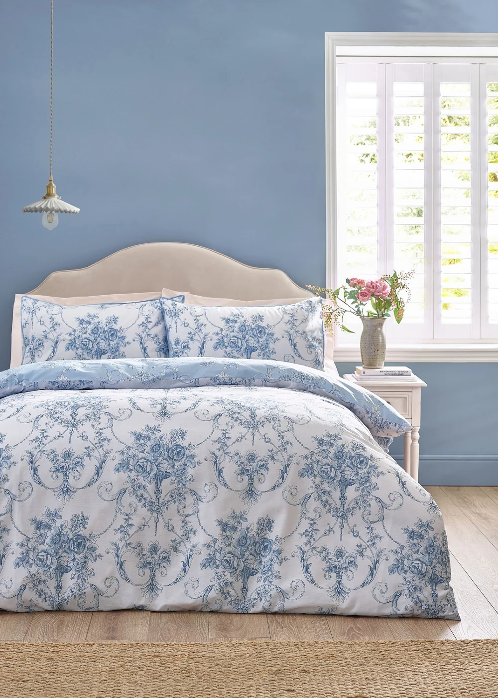 Catherine Lansfield Antoinette Damask Reversible Duvet Cover Set Blue - Single Image 1
