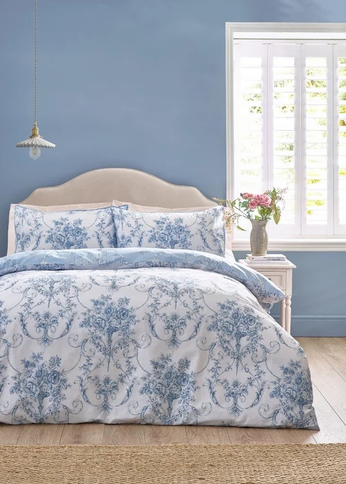 Catherine Lansfield Antoinette Damask Reversible Duvet Cover Set Blue - Single Image 1