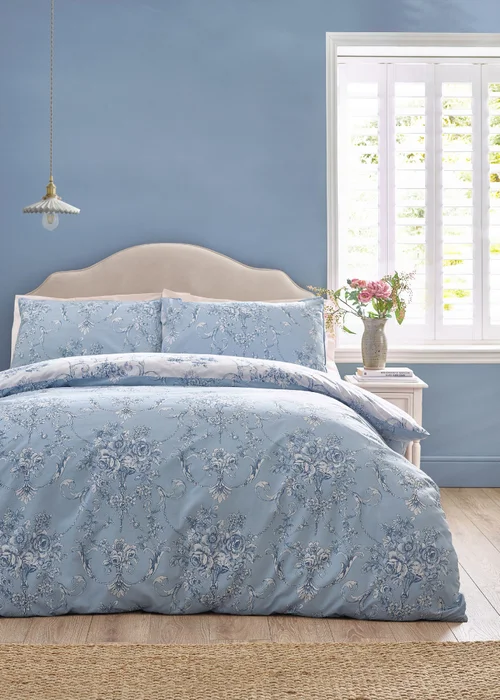 Catherine Lansfield Antoinette Damask Reversible Duvet Cover Set Blue - Single Image 2