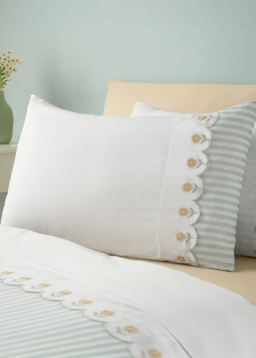 Catherine Lansfield Embroidered Daisy Soft Touch Duvet Cover Set Sage Green - Single Image 1