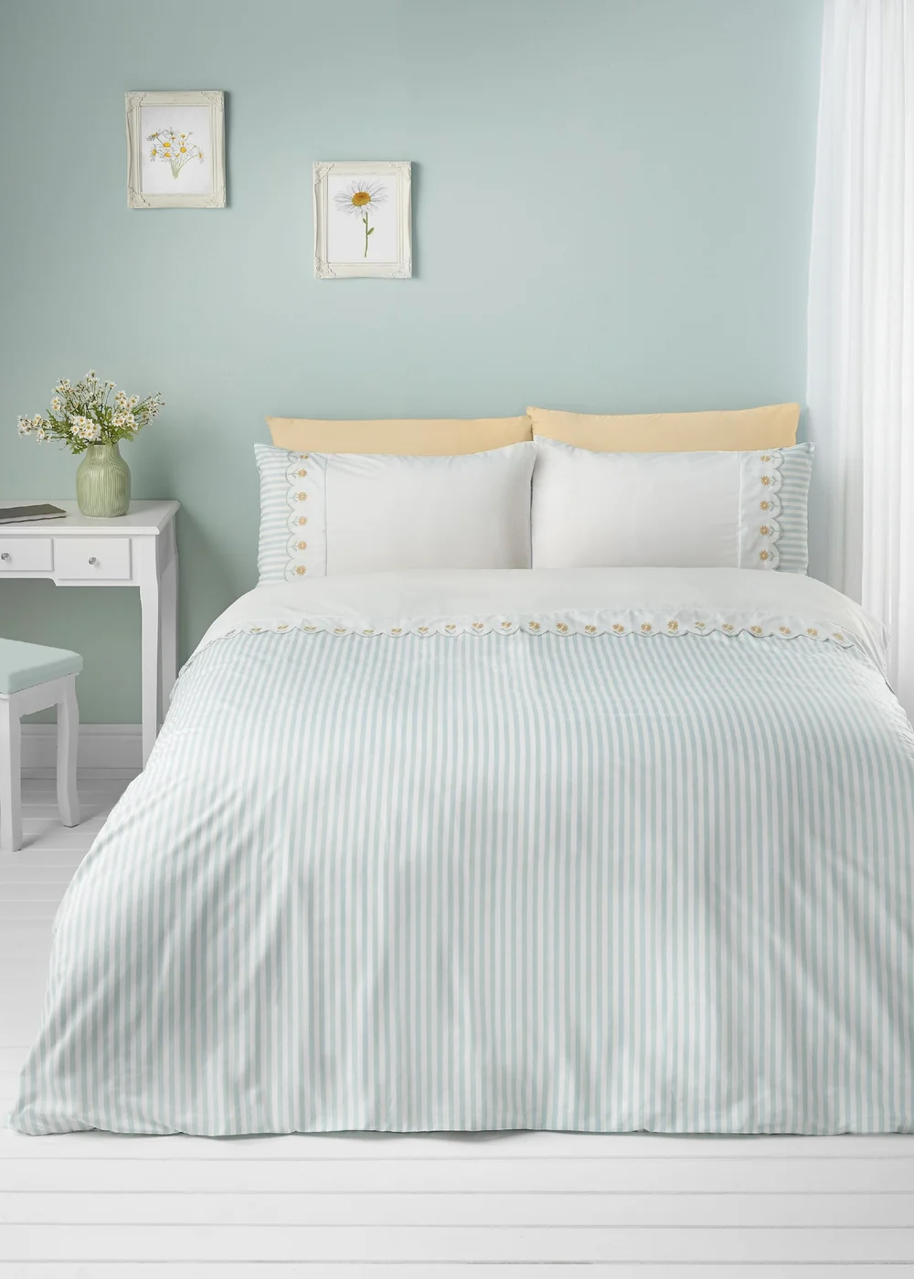 Catherine Lansfield Embroidered Daisy Soft Touch Duvet Cover Set Sage Green - Single Image 2
