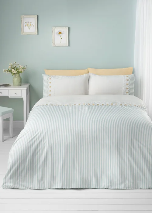 Catherine Lansfield Embroidered Daisy Soft Touch Duvet Cover Set Sage Green - Single Image 2