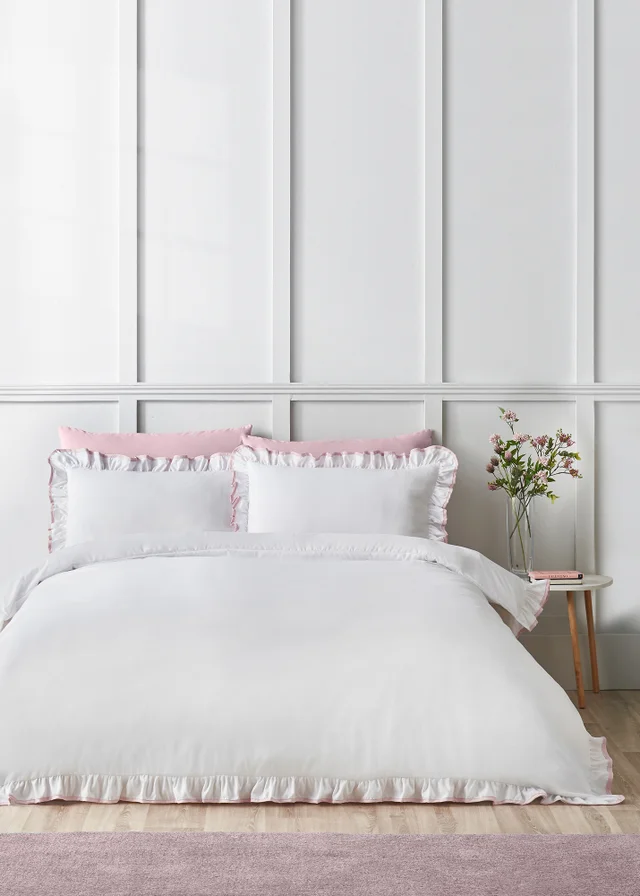 Catherine Lansfield So Soft Mono Frill Duvet Cover Set White / Pink