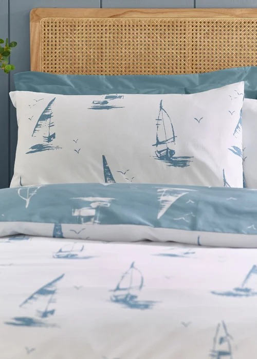 Catherine Lansfield Salcombe Boats Reversible Duvet Cover Set Soft Blue - Single Image 3