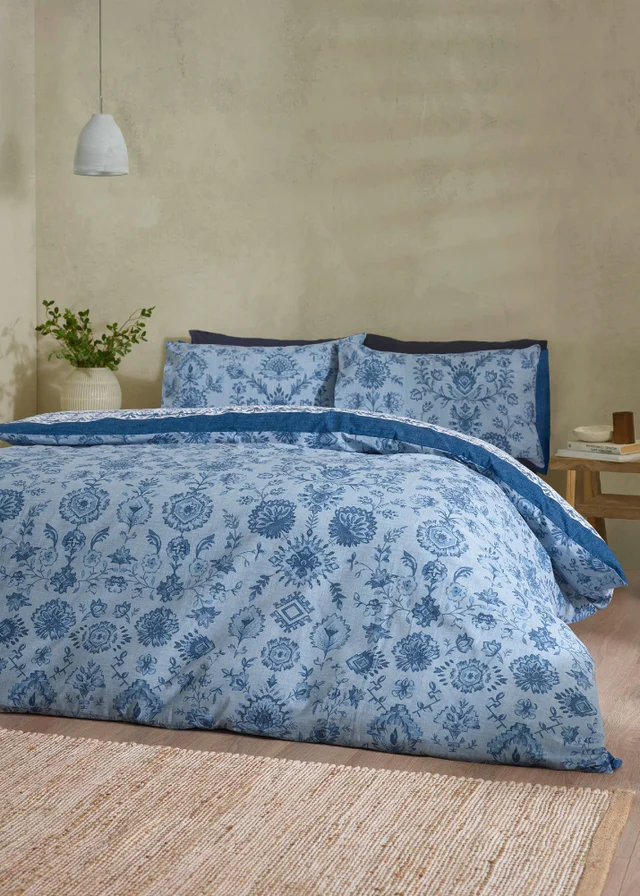 Catherine Lansfield Zoukara Floral Reversible Duvet Cover Set Blue