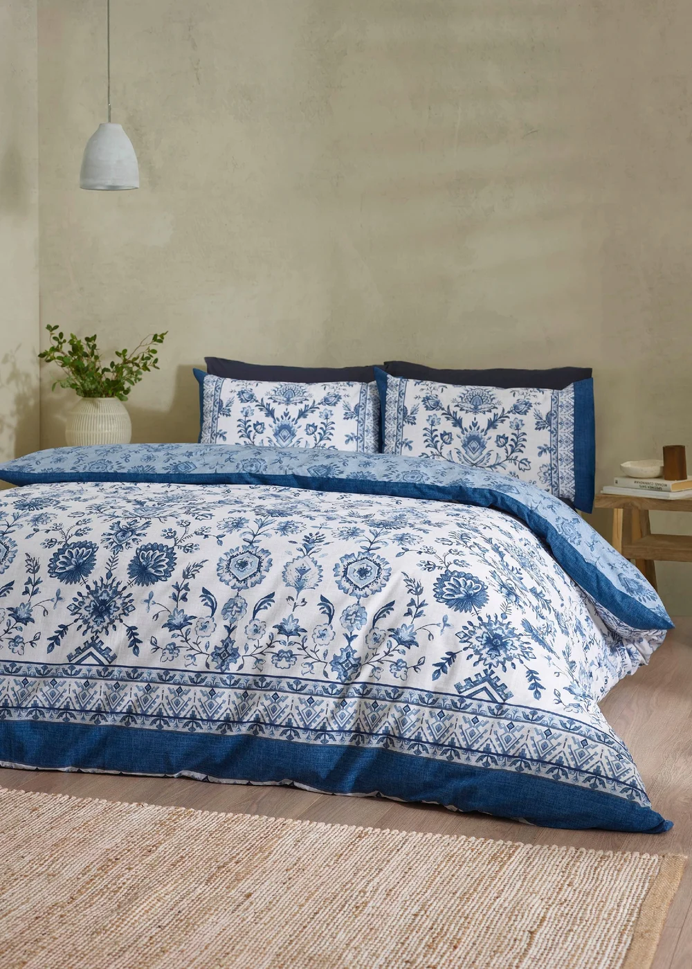 Catherine Lansfield Zoukara Floral Reversible Duvet Cover Set Blue - Single Image 1