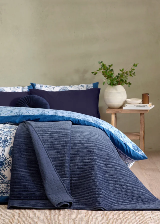 Catherine Lansfield Velvet Pinsonic Quilted 220x220cm Bedspread Navy Blue