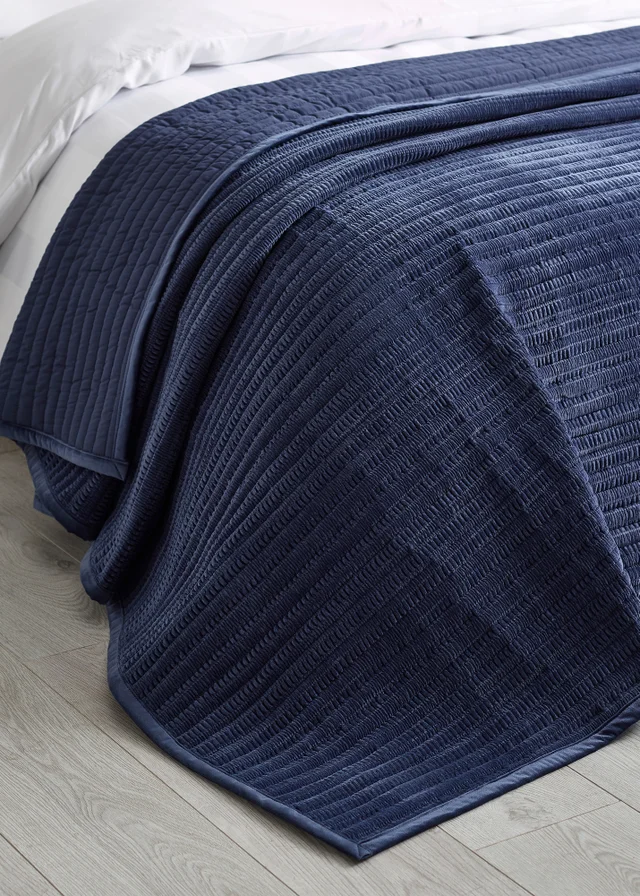Catherine Lansfield Velvet Pinsonic Quilted 220x220cm Bedspread Navy Blue