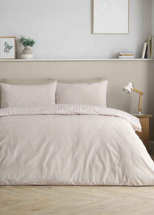 Catherine Lansfield Epping Textured Stripe Reversible Duvet Cover Set Natural - Single Image 2