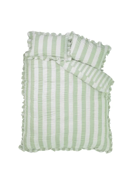 Catherine Lansfield Seersucker Frill Stripe Duvet Cover Set Green - Double Image 5