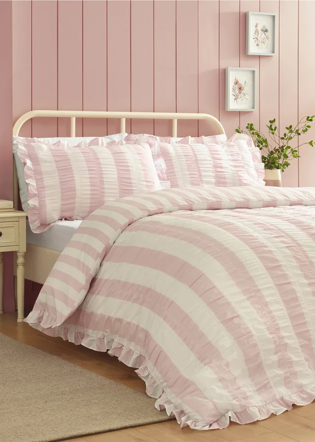 Catherine Lansfield Seersucker Frill Stripe Duvet Cover Set Pink