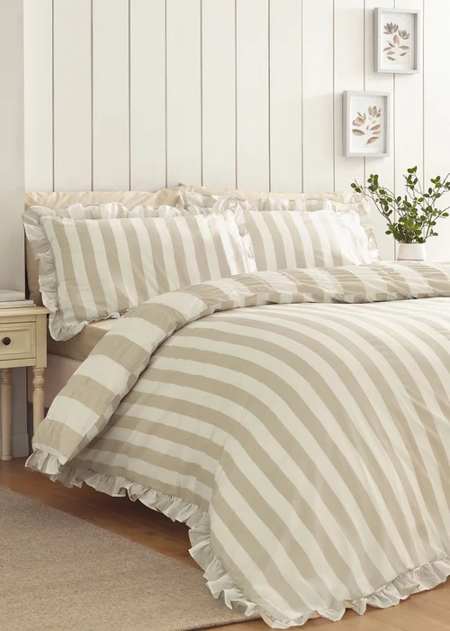 Catherine Lansfield Seersucker Frill Stripe Duvet Cover Set Natural - Double Image 2