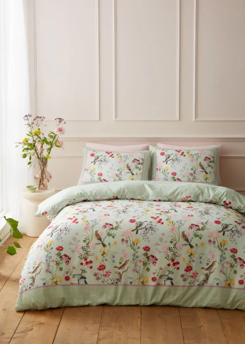RHS x Catherine Lansfield Birds In Bloom So Soft Duvet Cover Set Green - Single Image 1
