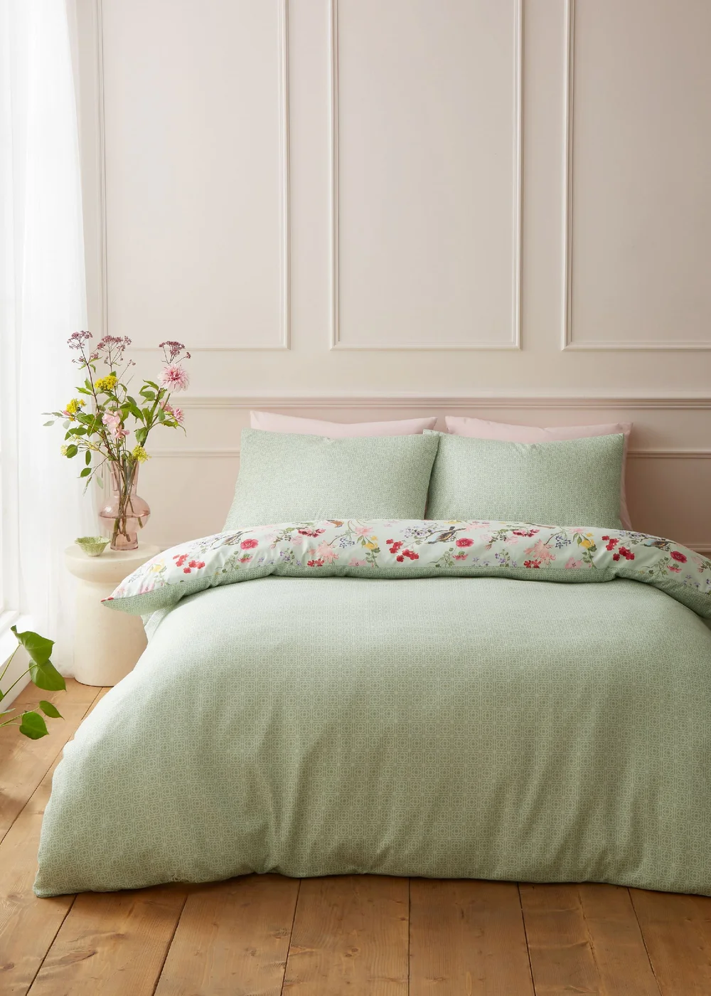 RHS x Catherine Lansfield Birds In Bloom So Soft Duvet Cover Set Green - Single Image 2