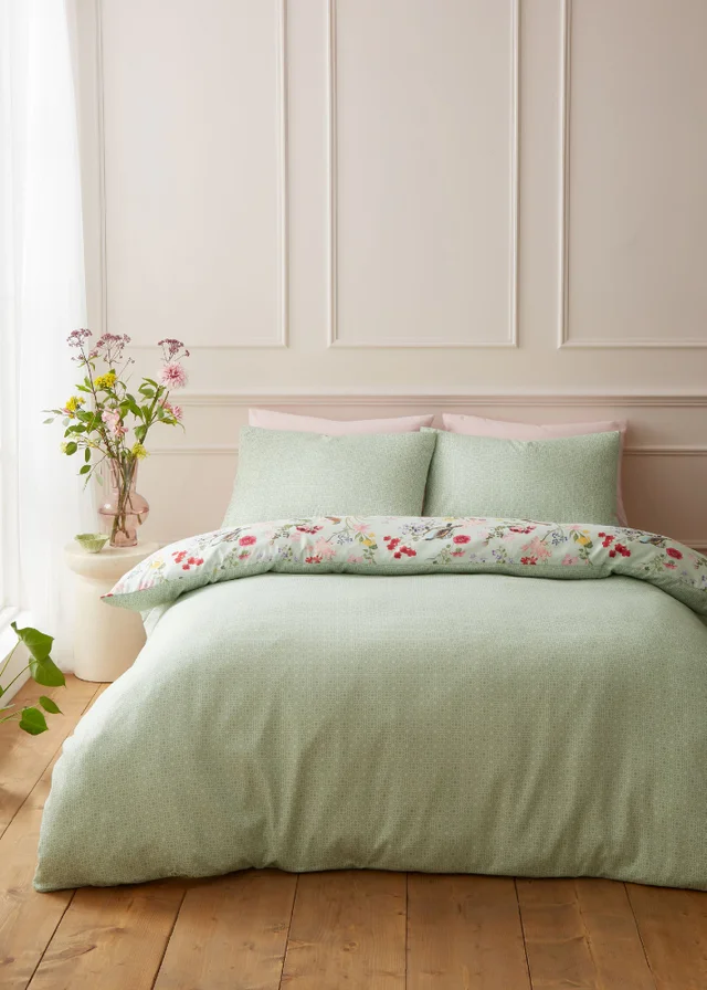 RHS x Catherine Lansfield Birds In Bloom So Soft Duvet Cover Set Green