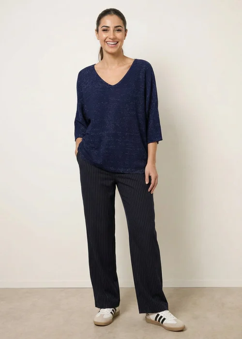 Blue Vanilla Navy Metallic V Neck Knitted Ripple Jumper - One Size Image 2