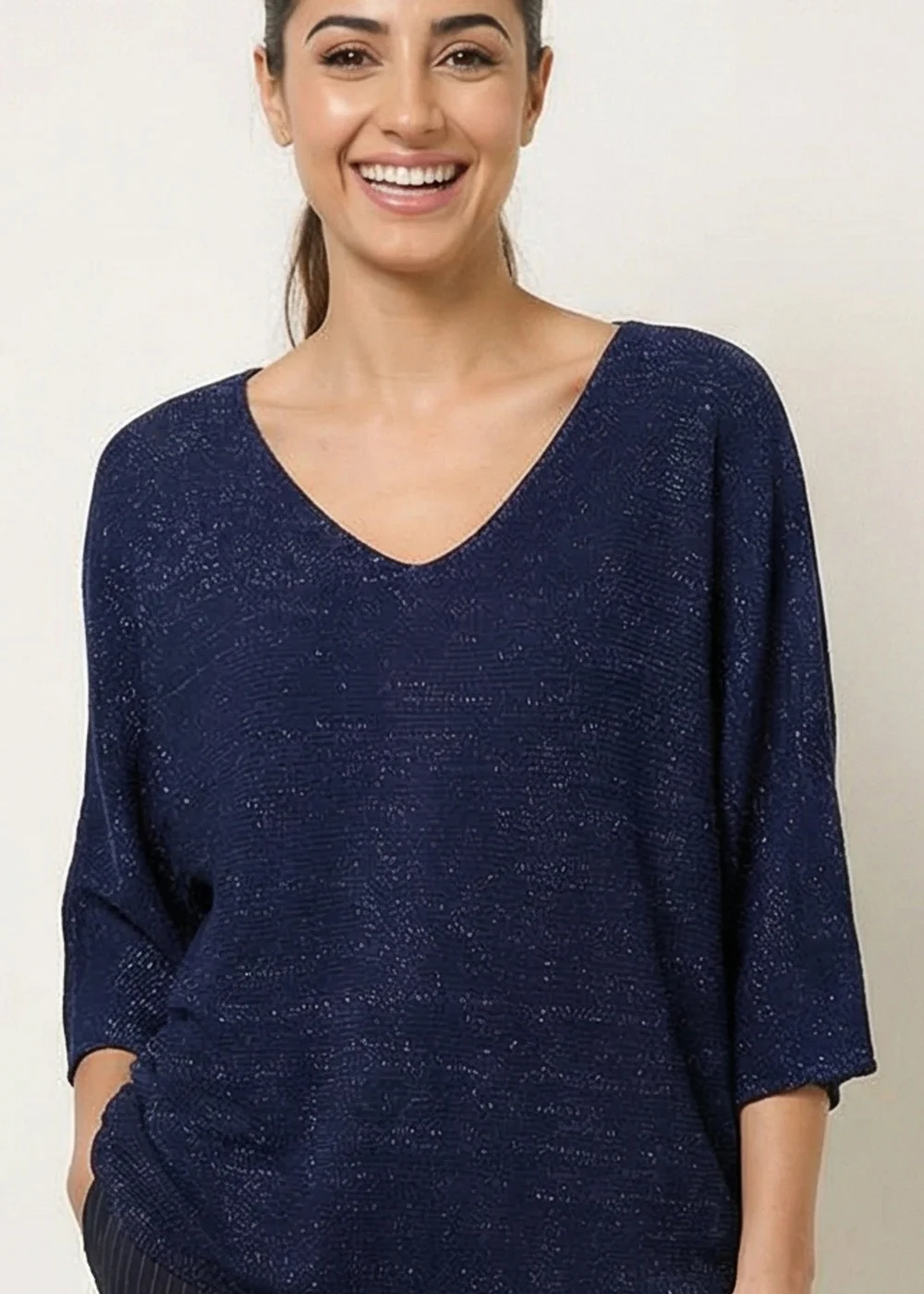 Blue Vanilla Navy Metallic V Neck Knitted Ripple Jumper - One Size Image 3