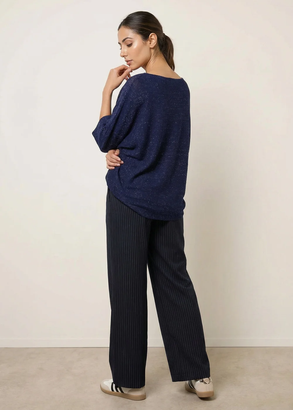 Blue Vanilla Navy Metallic V Neck Knitted Ripple Jumper - One Size Image 4