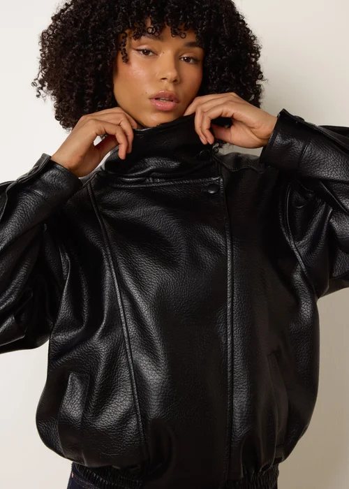 Blue Vanilla Black High Collar Faux Leather Jacket - S/M Image 3