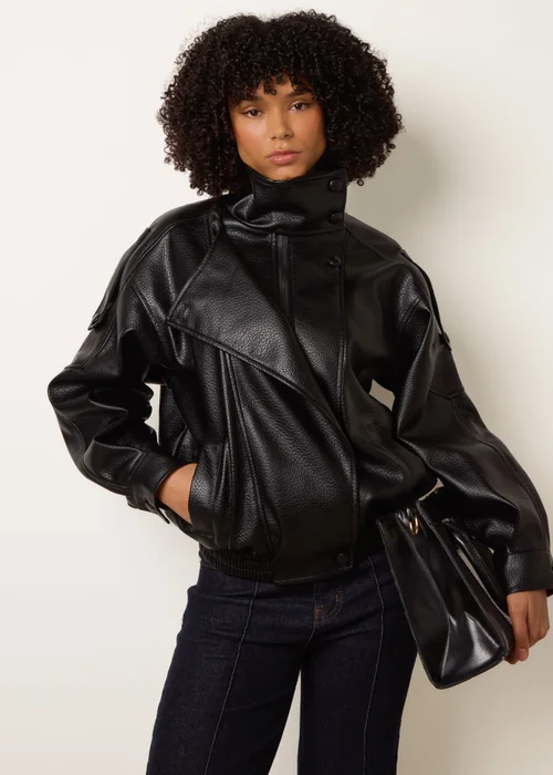 Blue Vanilla Black High Collar Faux Leather Jacket - S/M Image 1