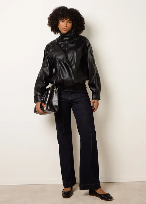 Blue Vanilla Black High Collar Faux Leather Jacket - S/M Image 2
