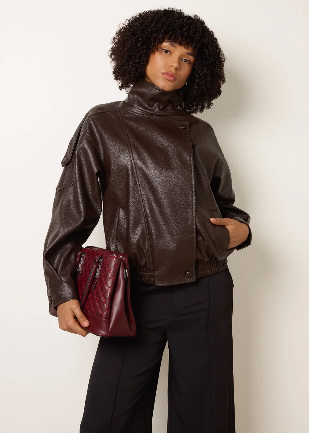 Blue Vanilla Brown High Collar Faux Leather Jacket - M/L Image 1