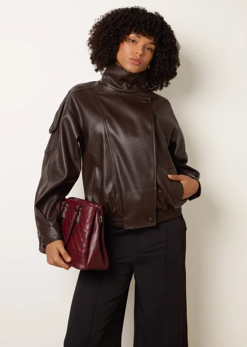 Blue Vanilla Brown High Collar Faux Leather Jacket - M/L Image 1