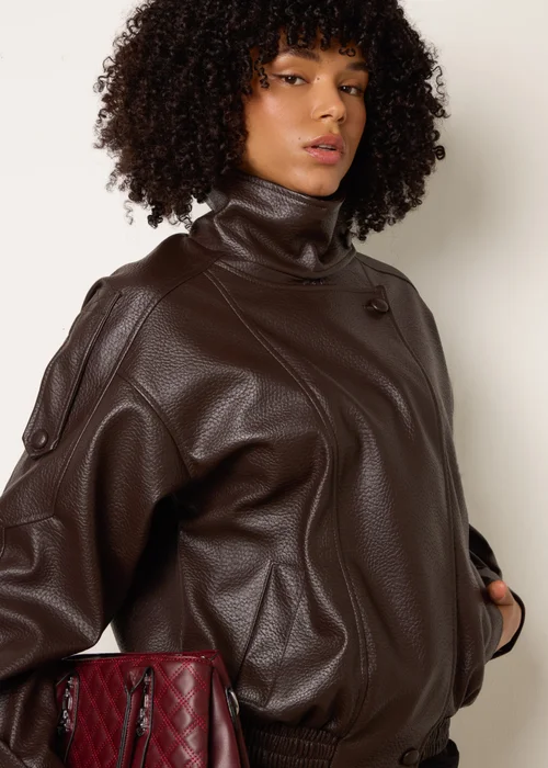 Blue Vanilla Brown High Collar Faux Leather Jacket - M/L Image 3