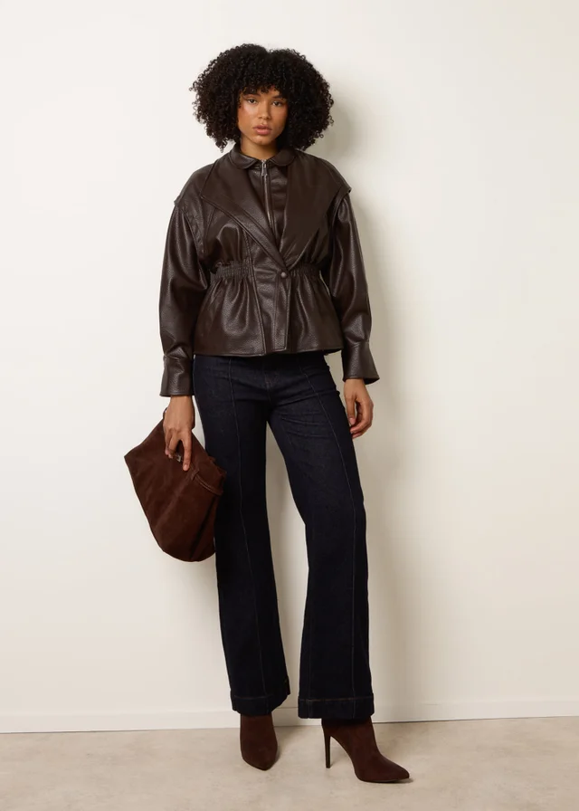 Blue Vanilla Brown Collared Shirred Waist Faux Leather Jacket