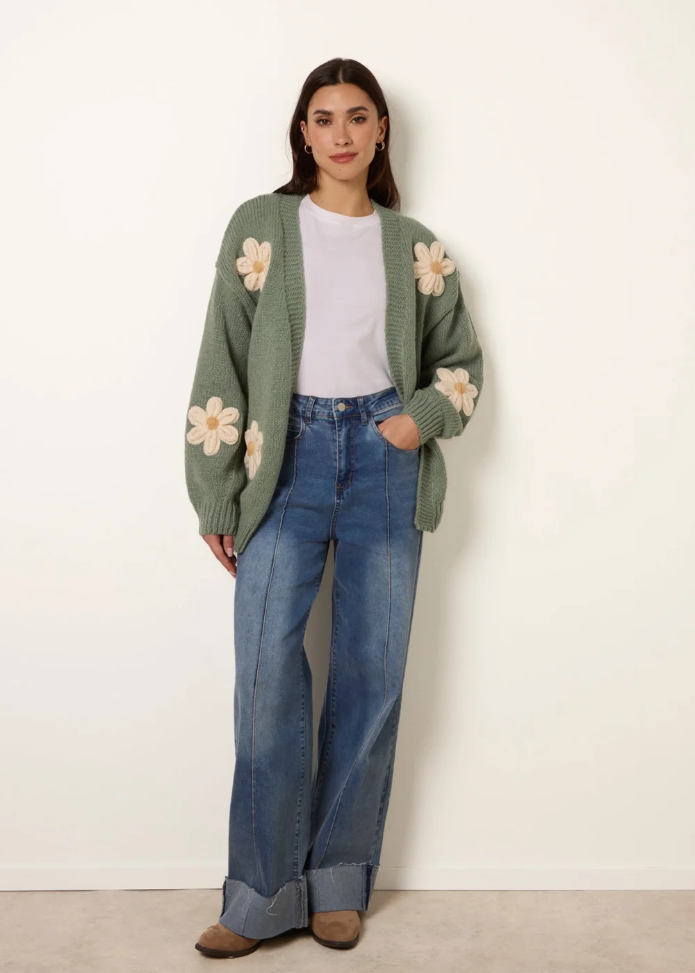 Blue Vanilla Green Daisy Large Flower Cardigan - M/L Image 2