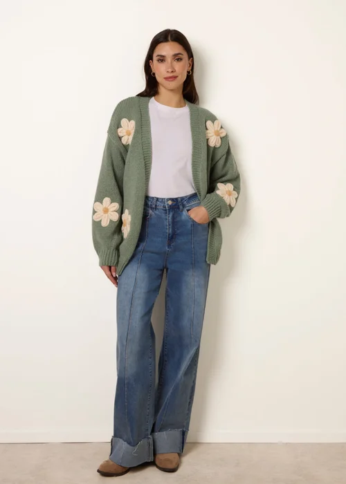 Blue Vanilla Green Daisy Large Flower Cardigan - M/L Image 2