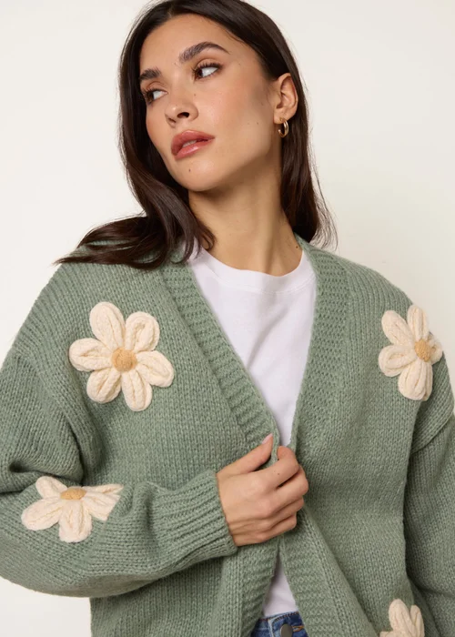 Blue Vanilla Green Daisy Large Flower Cardigan - M/L Image 3