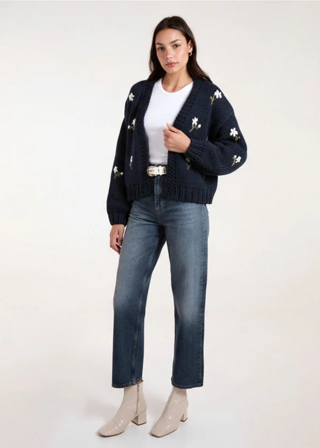 Blue Vanilla Navy Flower Embroidery Detailed Cardigan