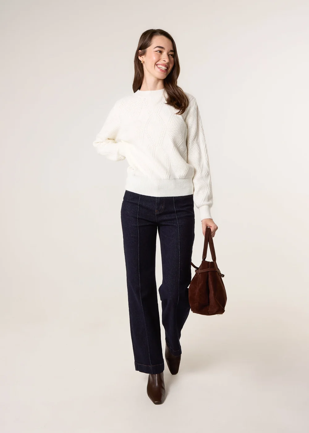 Blue Vanilla Ivory Argyle Texture Knit Jumper - S Image 2
