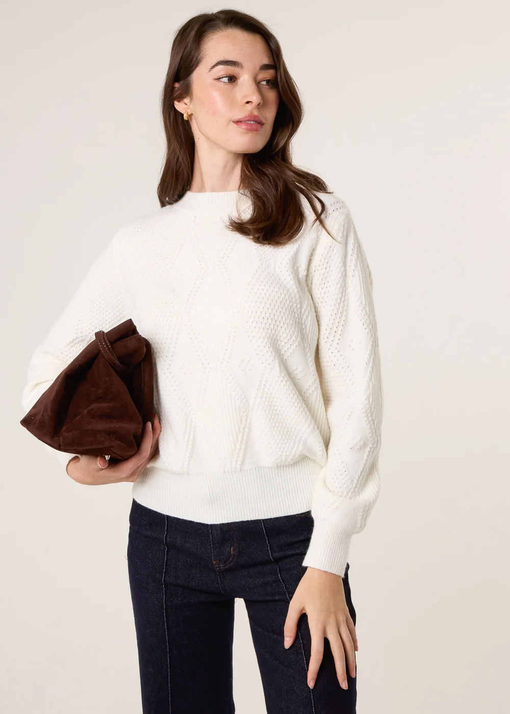 Blue Vanilla Ivory Argyle Texture Knit Jumper - S Image 1