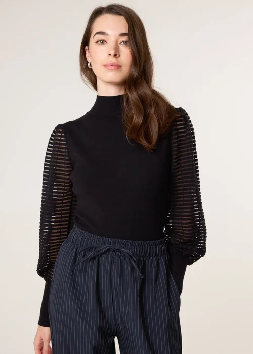Blue Vanilla Black Semi-Sheer Mesh Panel Long Sleeve Jumper - S Image 1