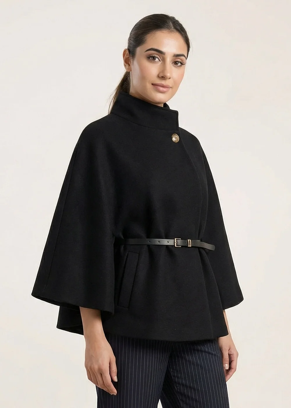 Blue Vanilla Black Belted Cape Coat - One Size Image 1