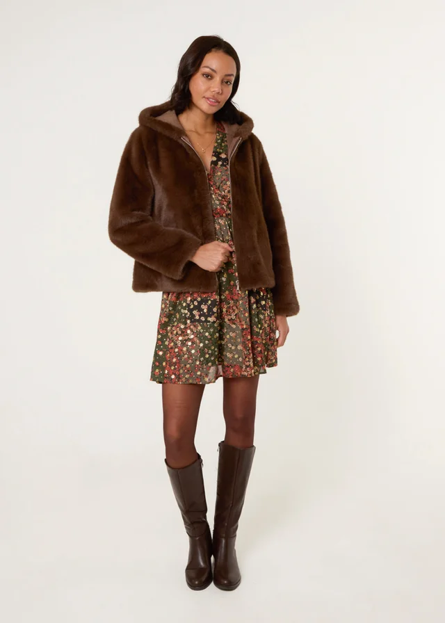 Blue Vanilla Brown Faux Fur Hooded Jacket