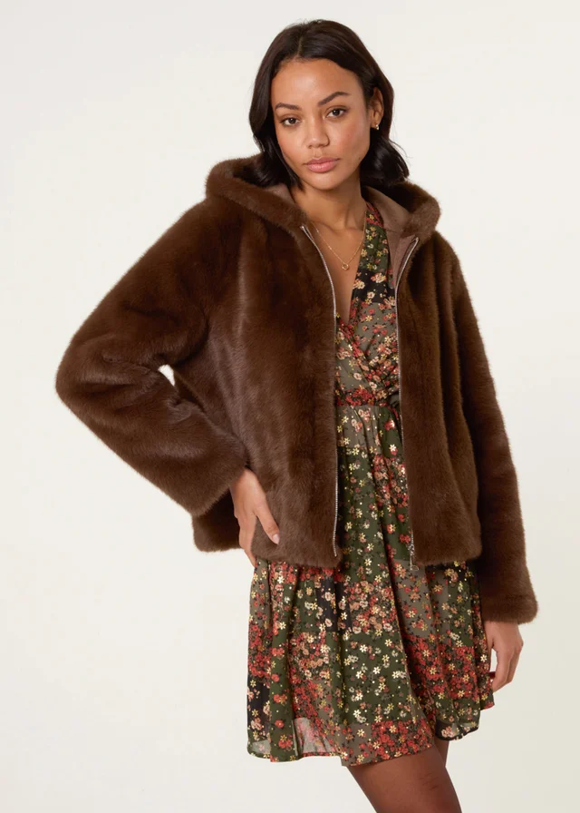 Blue Vanilla Brown Faux Fur Hooded Jacket