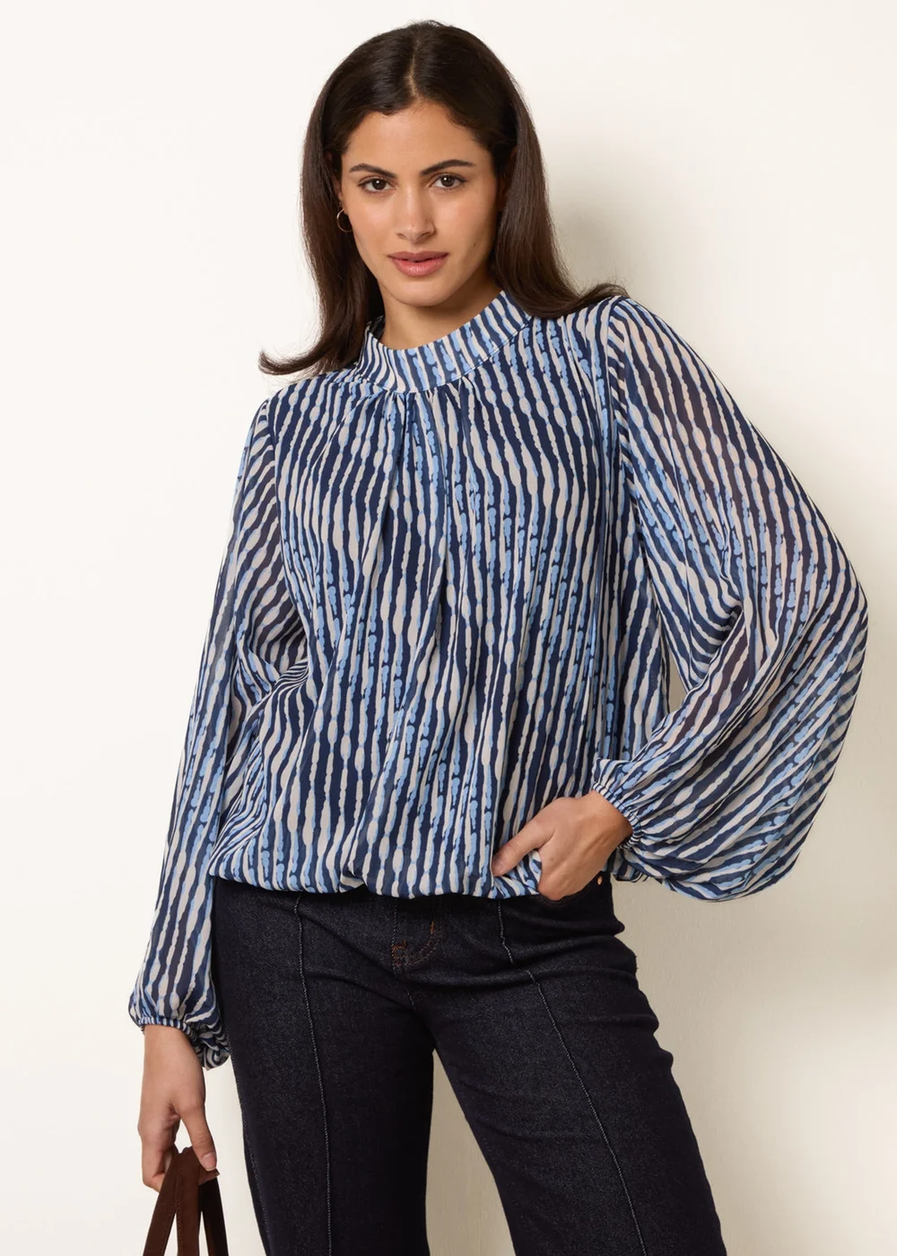 Blue Vanilla Navy Printed High Neck Puffball Blouse - S/M Image 1