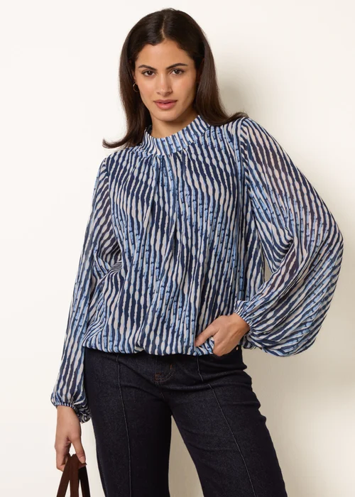 Blue Vanilla Navy Printed High Neck Puffball Blouse - S/M Image 1