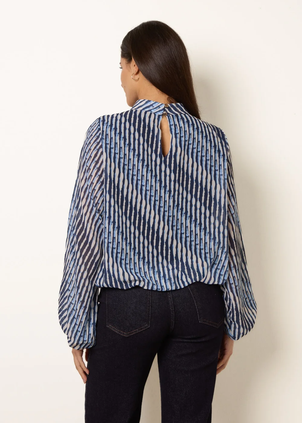 Blue Vanilla Navy Printed High Neck Puffball Blouse - S/M Image 4