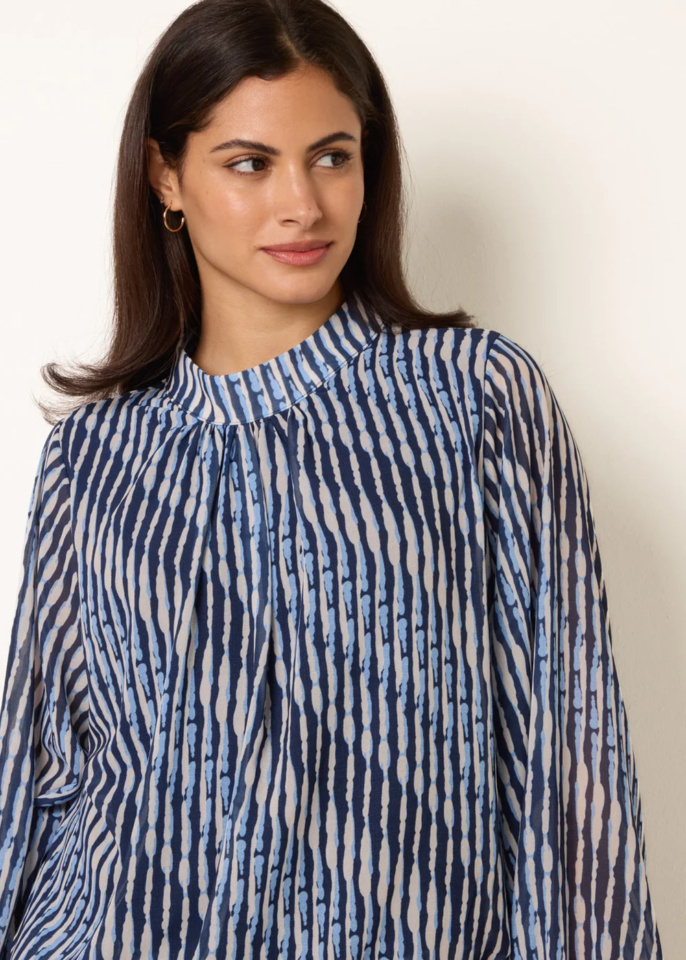 Blue Vanilla Navy Printed High Neck Puffball Blouse - S/M Image 3