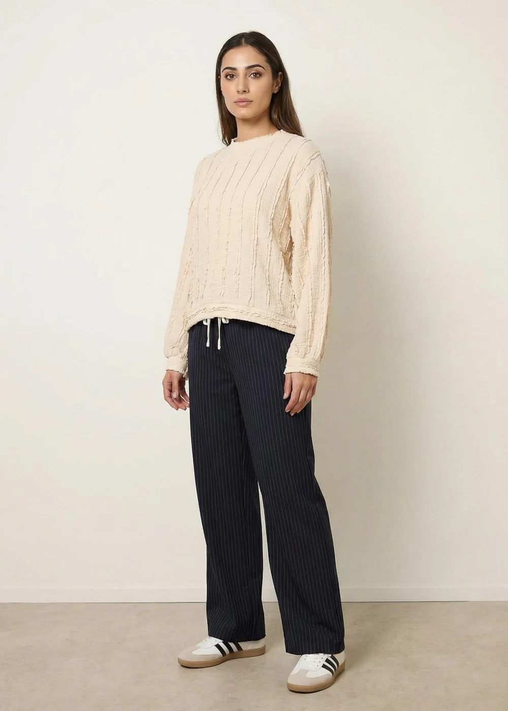 Blue Vanilla Beige Ruffle Detailed Sleeve Top - One Size Image 2