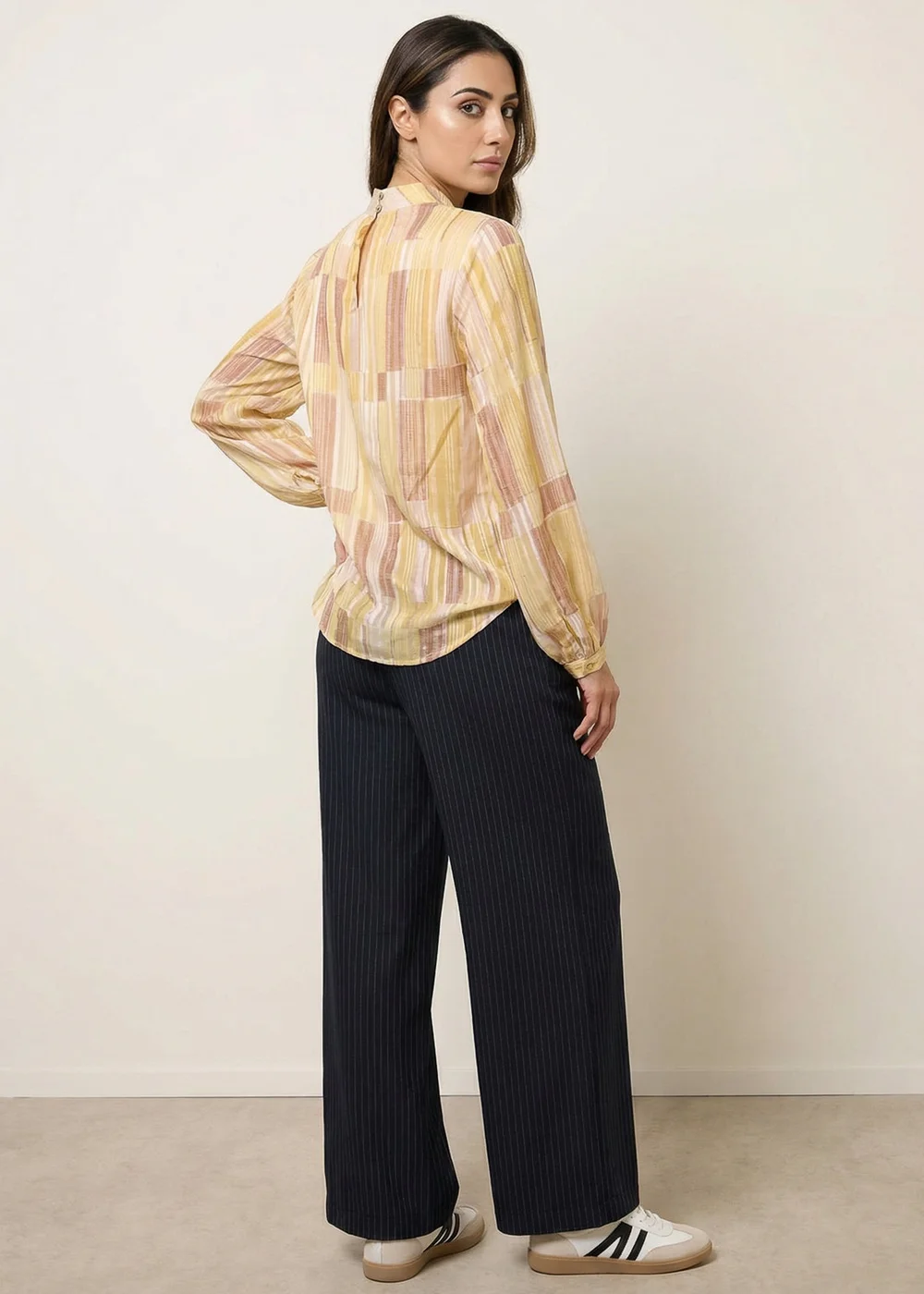 Blue Vanilla Yellow Tile Print Puffball Blouse With Metallic Detail - S/M Image 4
