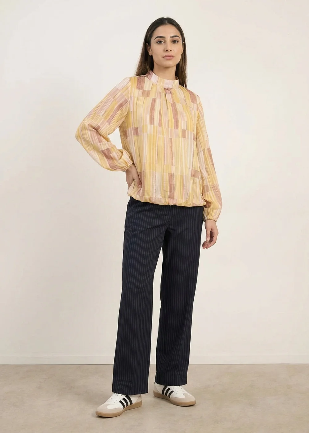 Blue Vanilla Yellow Tile Print Puffball Blouse With Metallic Detail - S/M Image 2