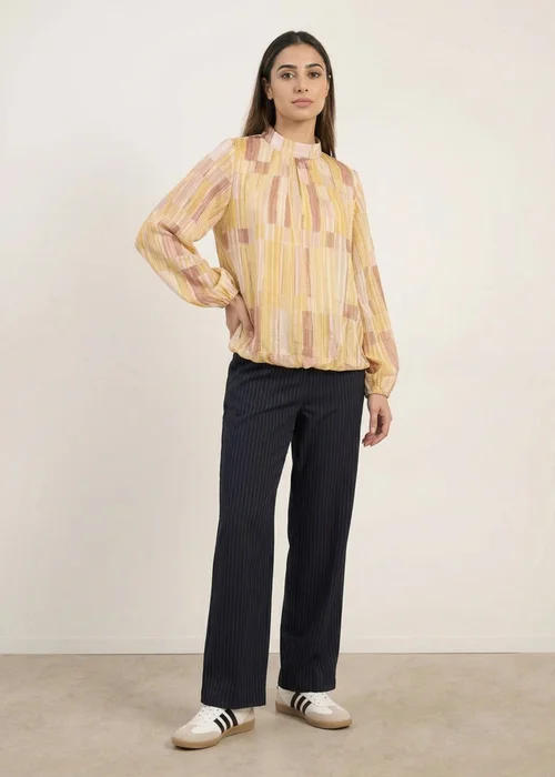 Blue Vanilla Yellow Tile Print Puffball Blouse With Metallic Detail - S/M Image 2