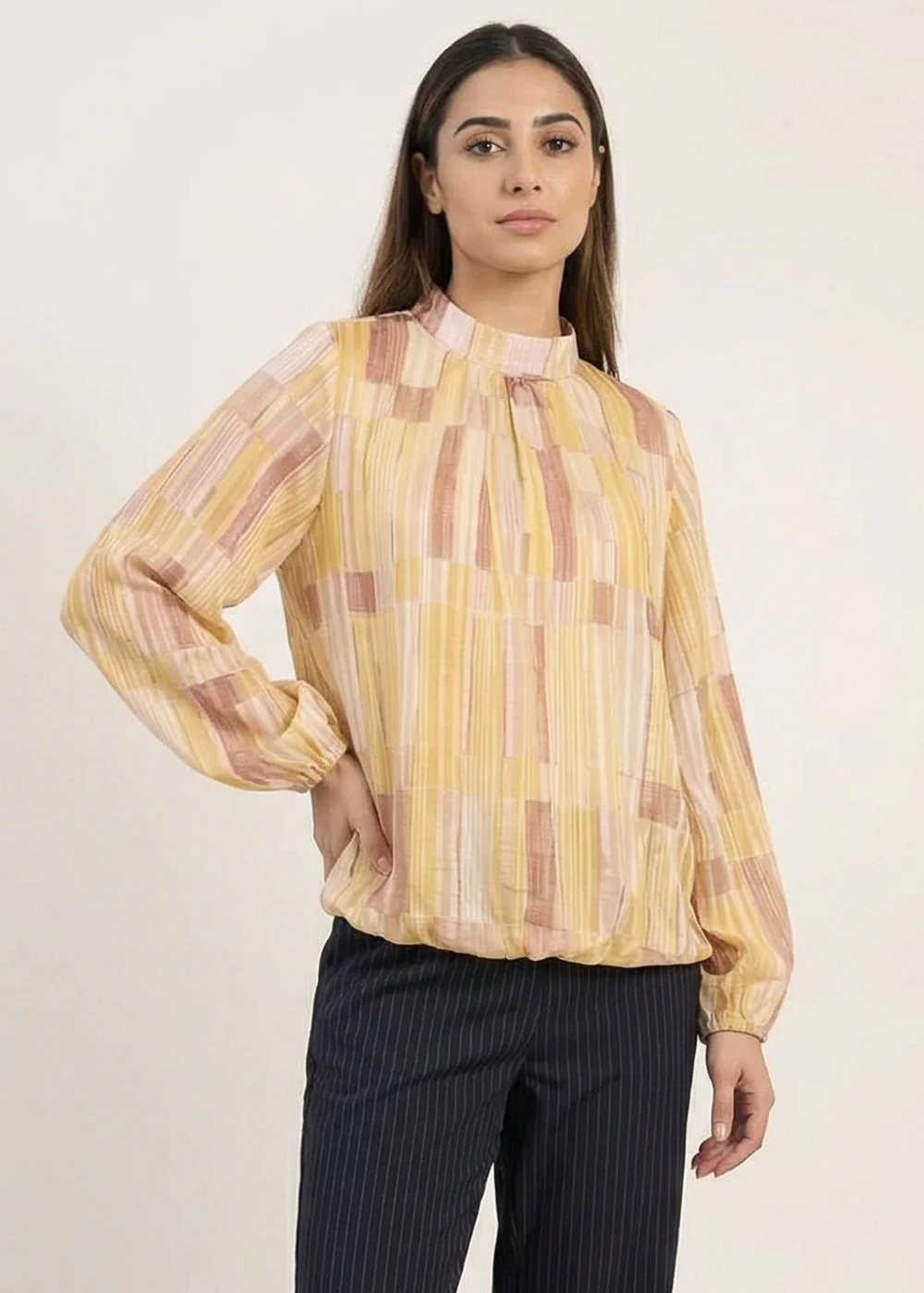 Blue Vanilla Yellow Tile Print Puffball Blouse With Metallic Detail - S/M Image 1